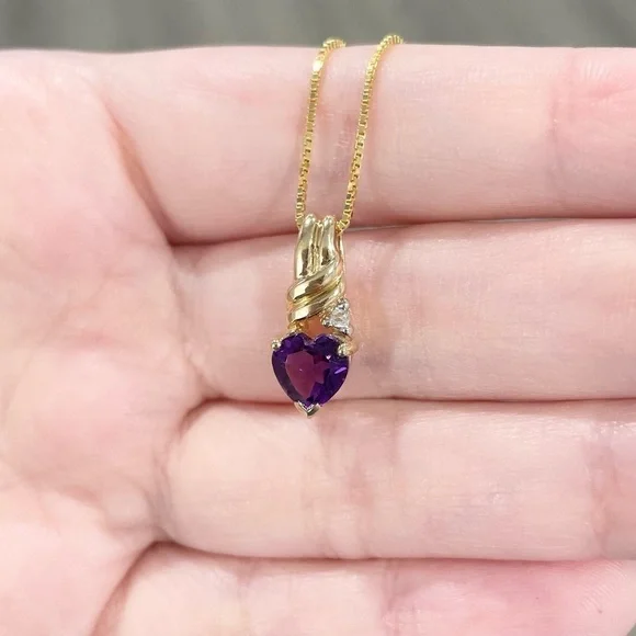 14K Amethyst heart cut dark purple genuine natural petite yellow gold pendant​​​
